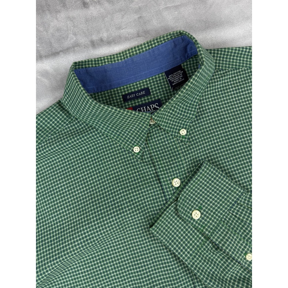 Chaps Men's XL Long Sleeve Easy Care Green/Navy Gingham Check Button-Down Shirt